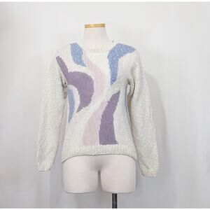 Vintage 80s Sweater White Purple Blue Pink Hand Loomed Misses Size S